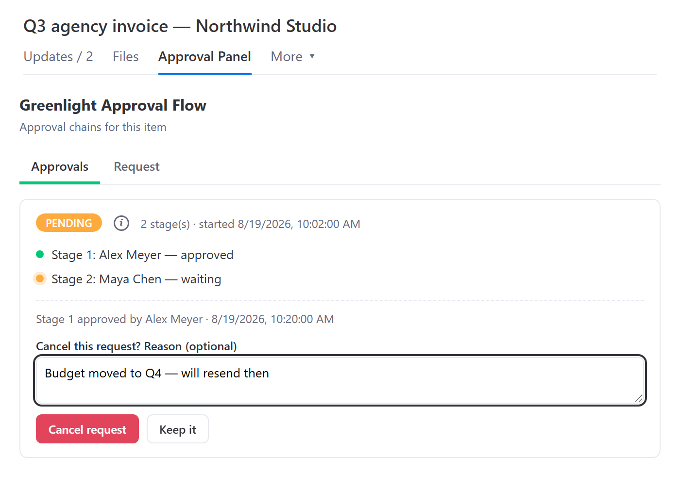 The Cancel request confirm step in the Approval Panel: an optional reason box with Cancel request and Keep it buttons