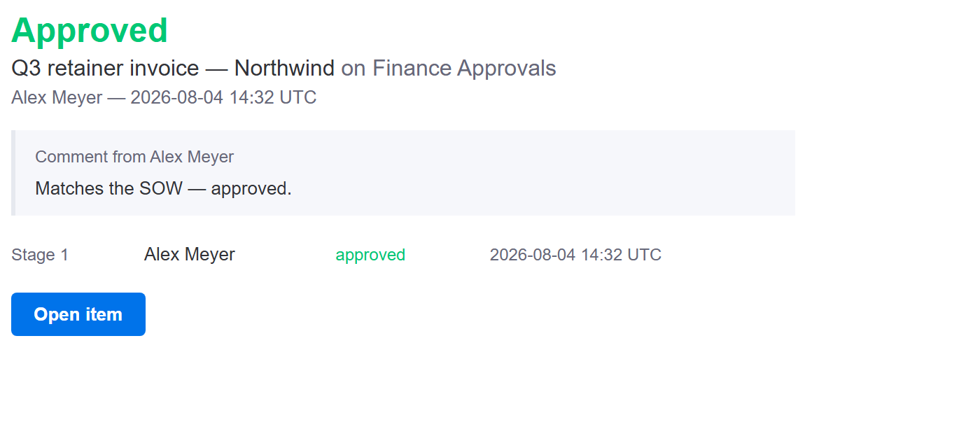 The completion email showing the Approved headline, the decider, their comment and the full stage-by-stage summary