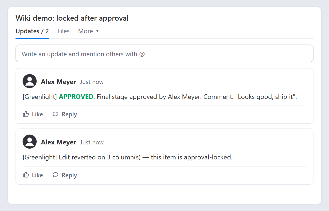 An audit note showing a reverted edit on an approval-locked item