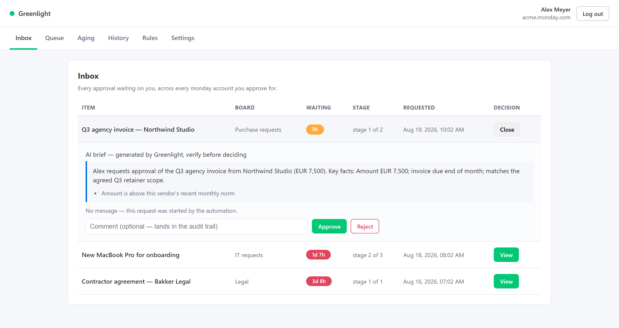A portal Inbox row expanded in place, showing the AI brief with an anomaly flag, a comment box and the Approve and Reject buttons