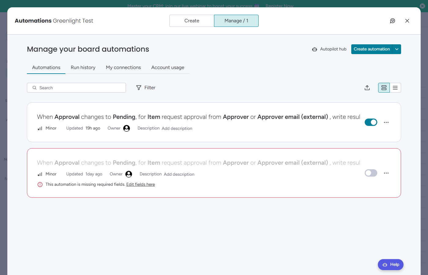 The configured automation recipe on a monday board