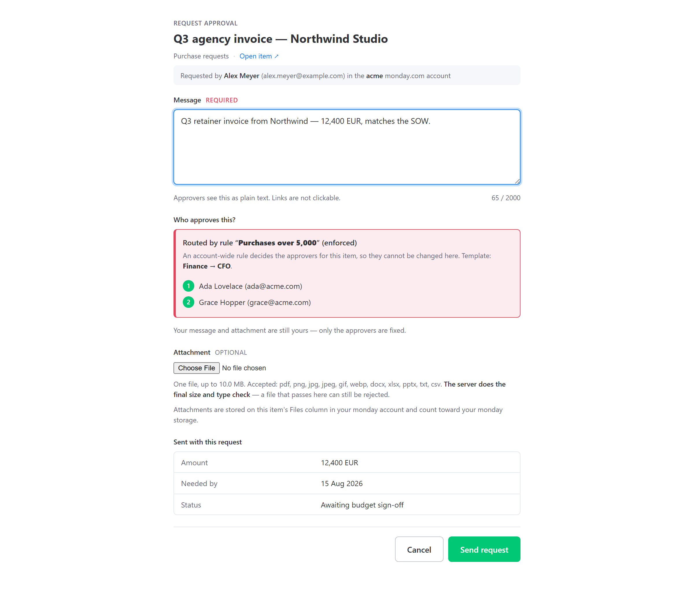 The request dialog with an enforced rule: the approver picker is replaced by a read-only routed chain naming the rule