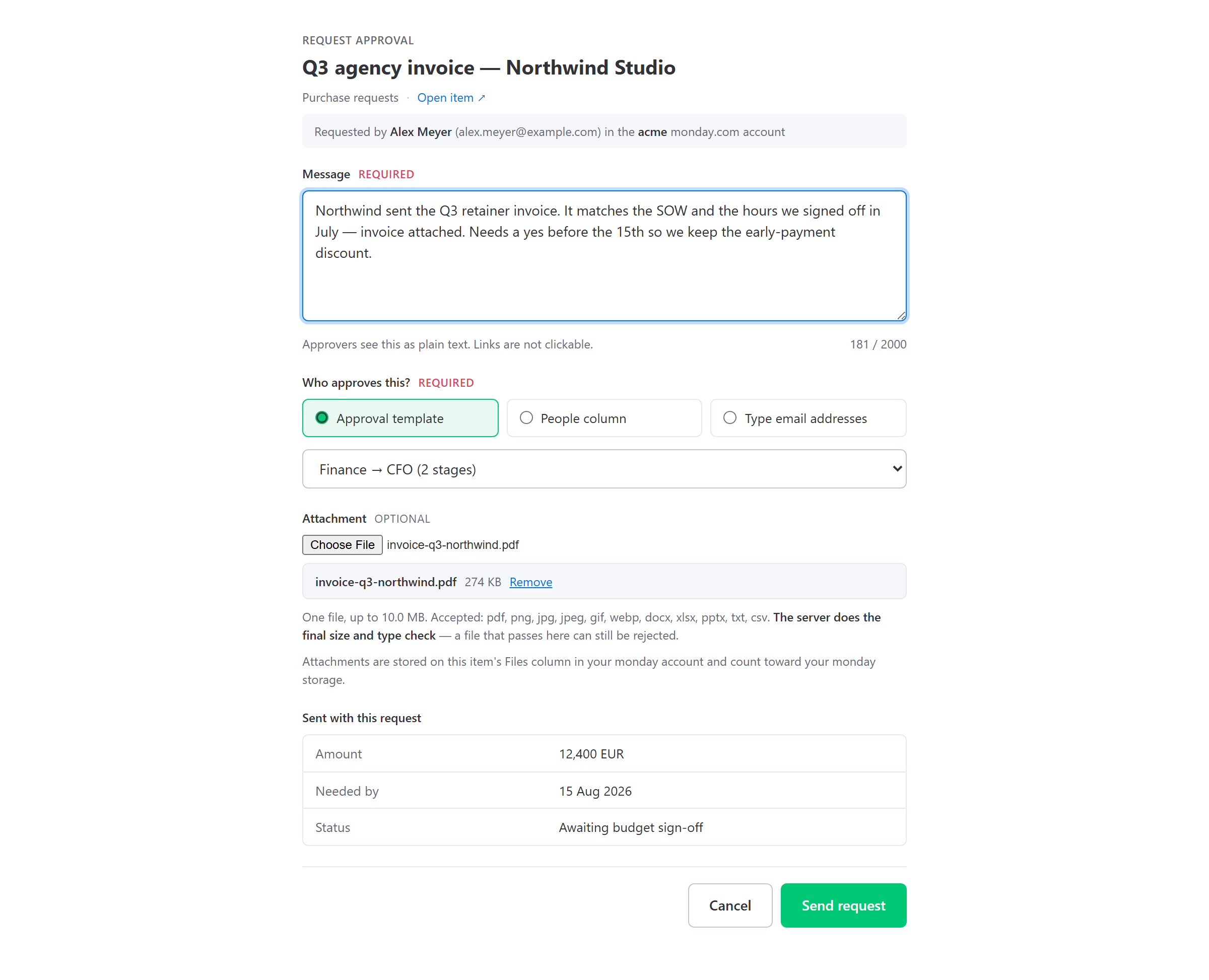 The Request approval dialog with a message, an attached PDF, an approver template and the item's context columns