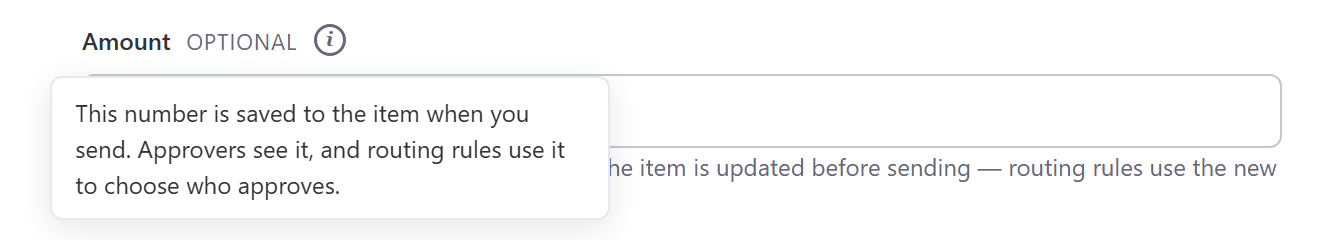 The Amount field in the request dialog with its ⓘ help card open